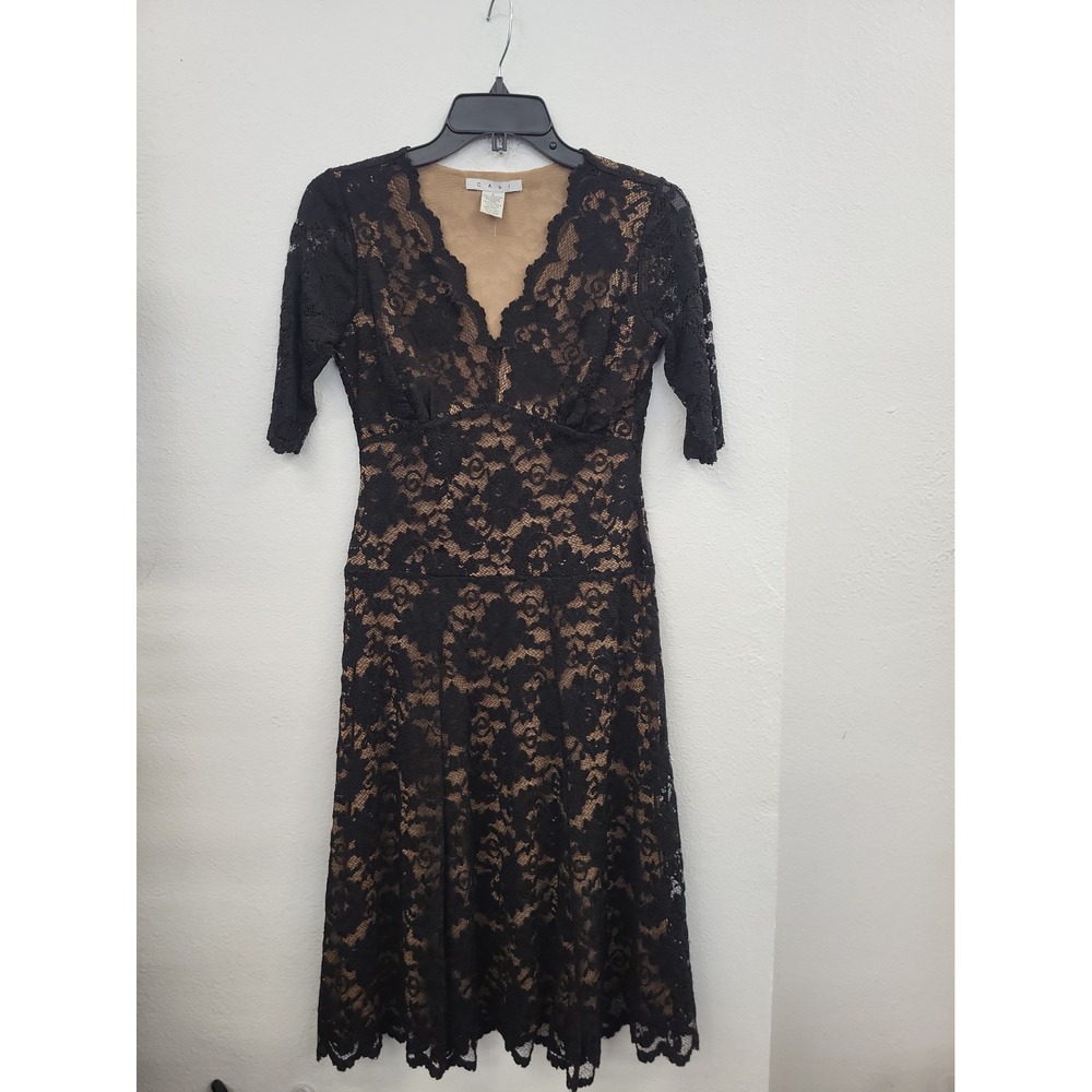 CAbi 3/4 Sleeve Lace Dress, Black with Nude Liner, Size Small
